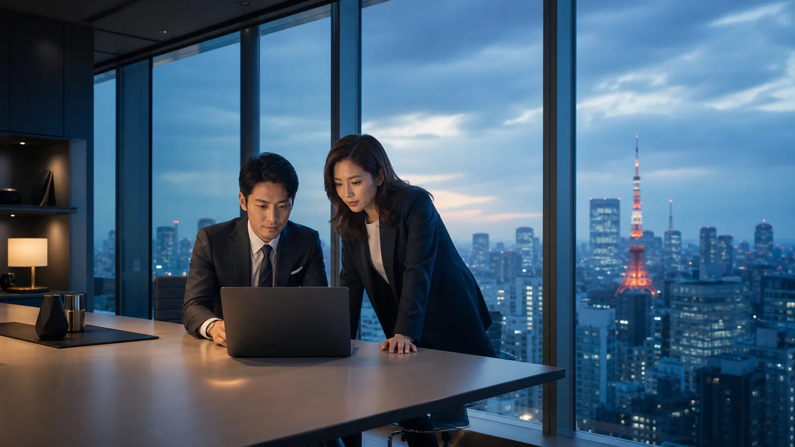 International business team collaborating in a Tokyo high-rise office at dusk