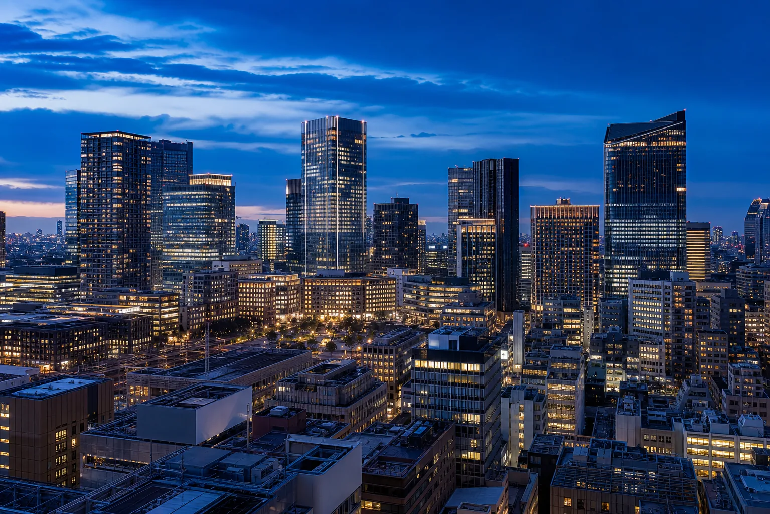 Tokyo business district skyline at blue hour